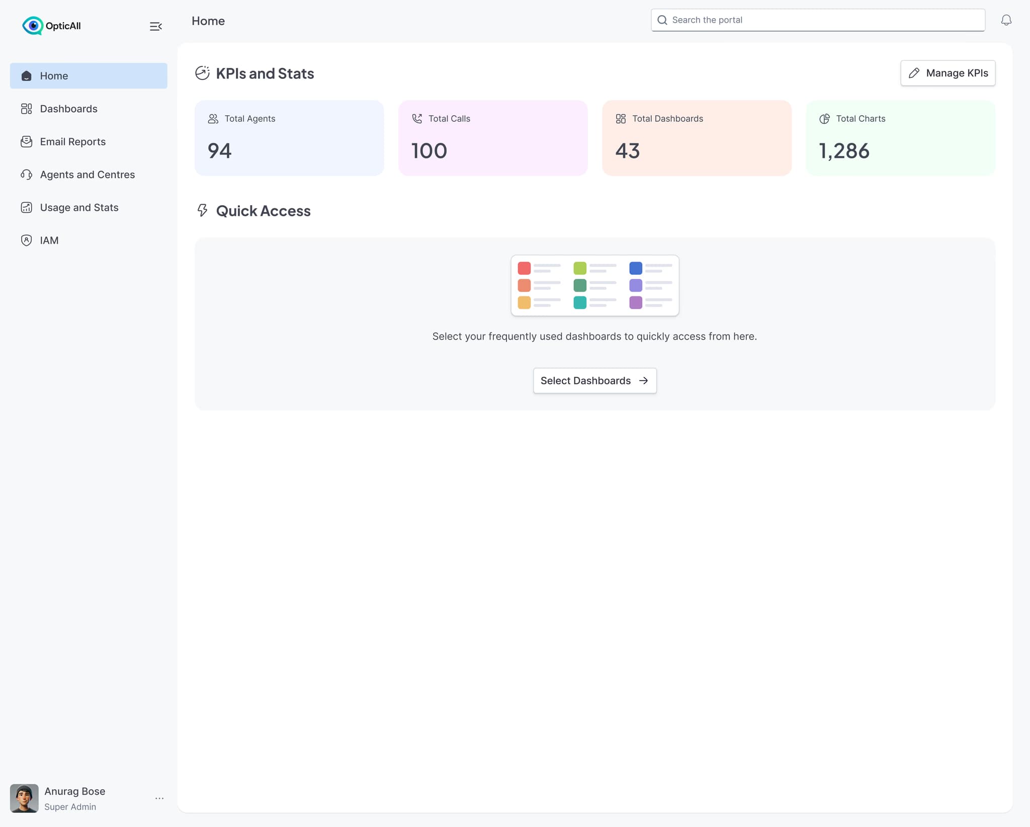 OpticAll KPIs and Stats dashboard