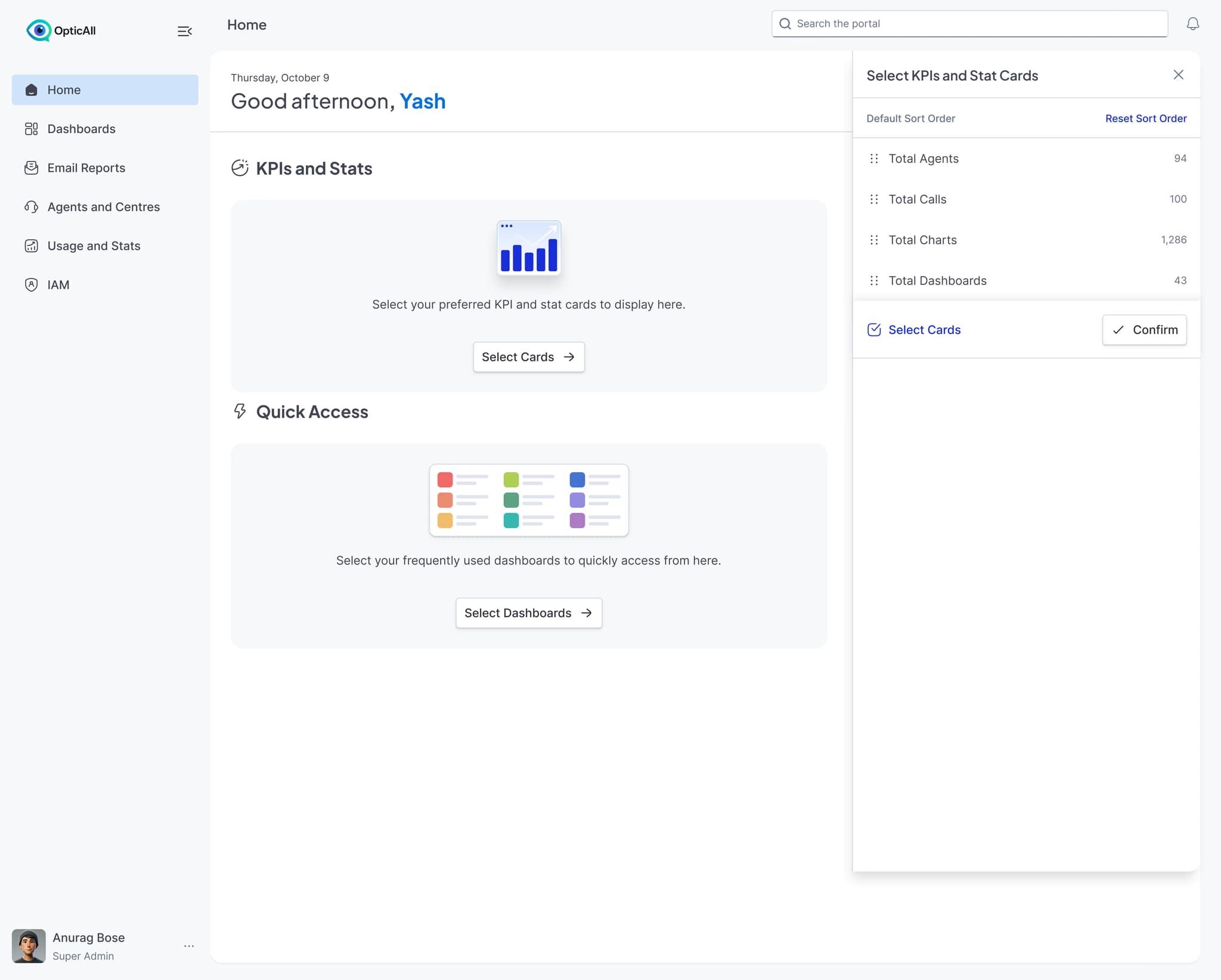 OpticAll dashboard with KPI card selection panel